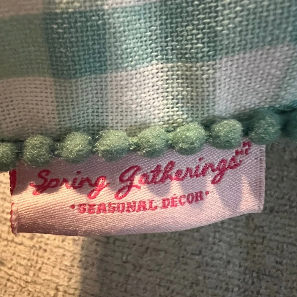 Spring Gatherings Easter Bunny Floral Embroidered Gingham Pom Pom Pillow 16x16